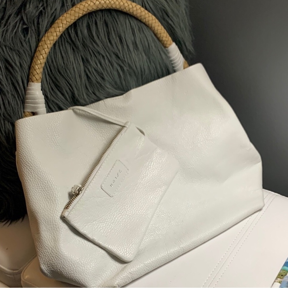Raw Edge White Leather Tote Bag with Leather Braided Handle